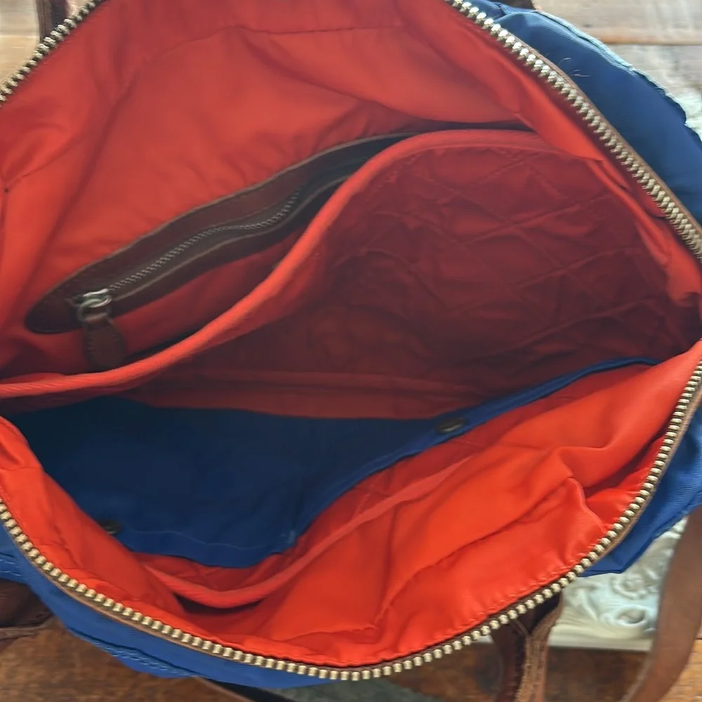 Polo by Ralph Lauren Blue Nylon Messenger laptop Bag with Brown Leather Trim